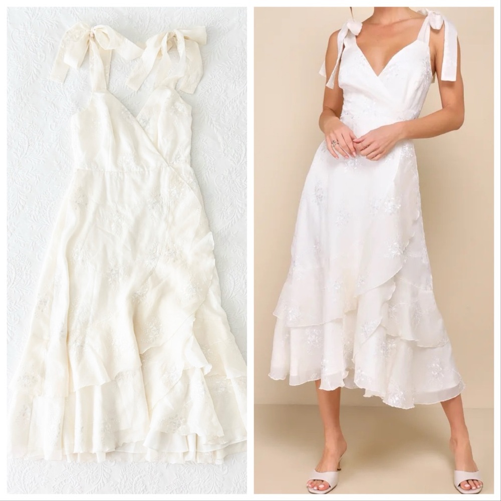 NWOT Lulus Elegant Direction Ivory Embroidered Ruffled Tie-Strap Midi Dress